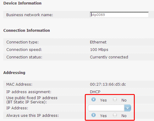 Hub Manager addressing fixed IP address screen